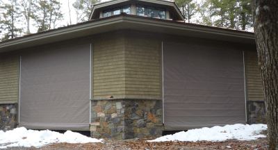 Large glass walls covered with Winter panels.